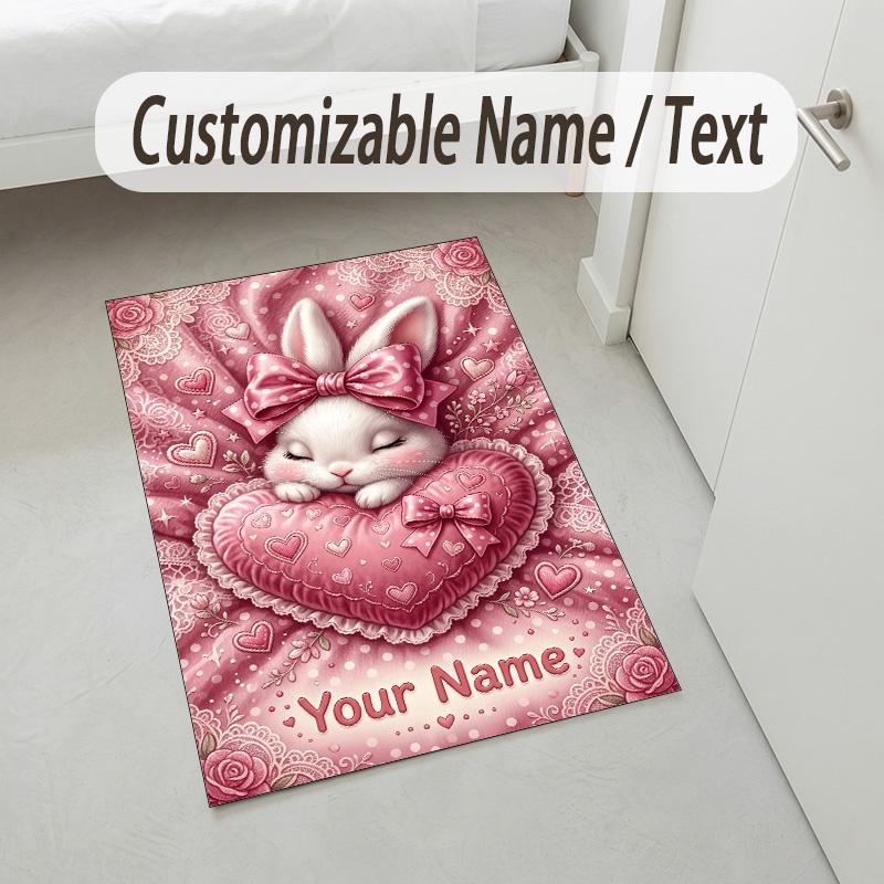 Easter Bunny Theme Crystal Velvet Rug Personalized Custom Name Text Soft Floor Mat Home Decor
