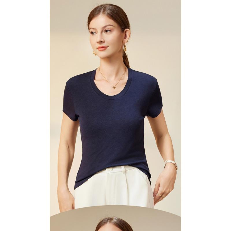 Women's New T-shirt Wool Acetate Lycra Soft U-neck Short Sleeve Skinny Tops