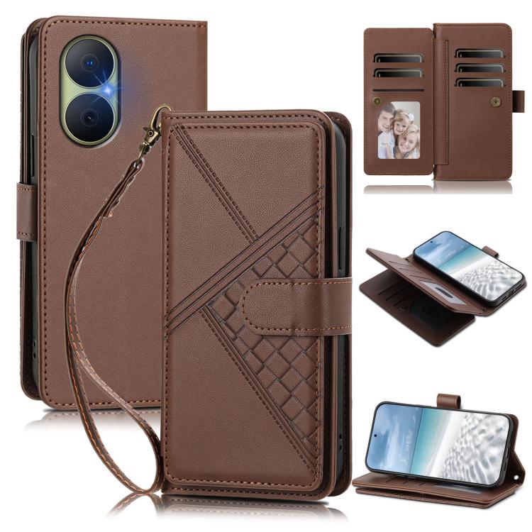 Embossed Secure Clasp 9-Card Slot Vegan Leather Phone Case with Wrist Strap