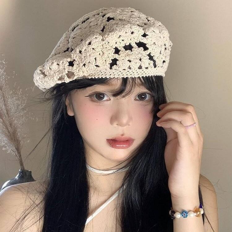 Spring and summer hand-woven hollow bald hat women's crochet ethnic style fringed pullover hat bohemian style knitted