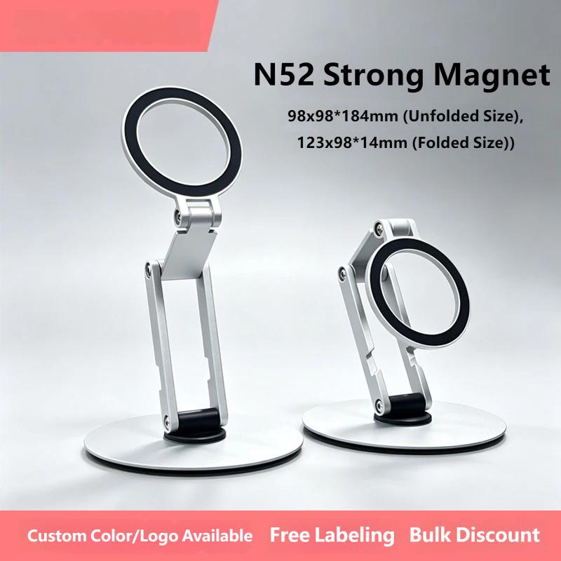 Aluminum Desktop Phone Stand Dual Foldable 360 Rotating Magnetic Holder MagSafe Compatible Adjustable for iPhone Samsung Android