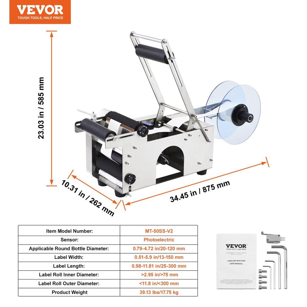MT-50 Semi-automatic Round Bottle Labeling Machine, Adjustable Bottle Labeler 50pcs/min Label Applicator for Bottles 12-90mm