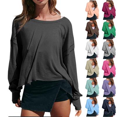 Женская мода повседневная круглая горловина длинный рукав спинка однотонный топ