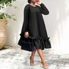 Yousheng Oversized Dress A-line Ruffle Hem Knee Length Pure Color Midi Dress Long Sleeves O Neck Wide Waist Dress for Dating Formal Banquet Parties