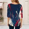 Women Plus Size Round Neck Three Quarter Sleeve Printed T Shirt Red Navy Silver Star Pattern Curved Hem