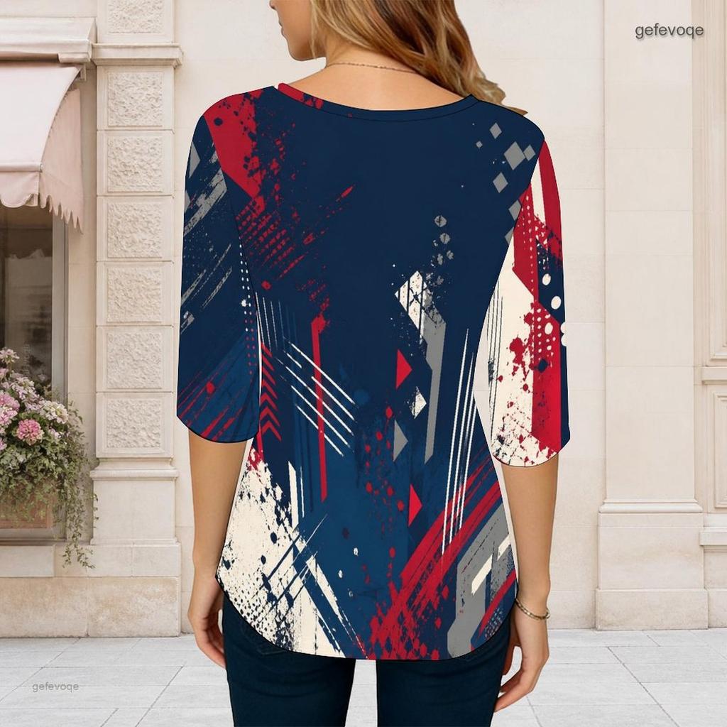 Women Plus Size Round Neck Three Quarter Sleeve Printed T Shirt Red Navy Silver Star Pattern Curved Hem