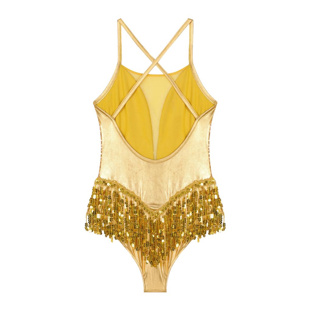 Купальник для латинских джазовых танцев, юбка с полой перекрещивающейся спиной, женская блестящая танцевальная одежда с бахромой