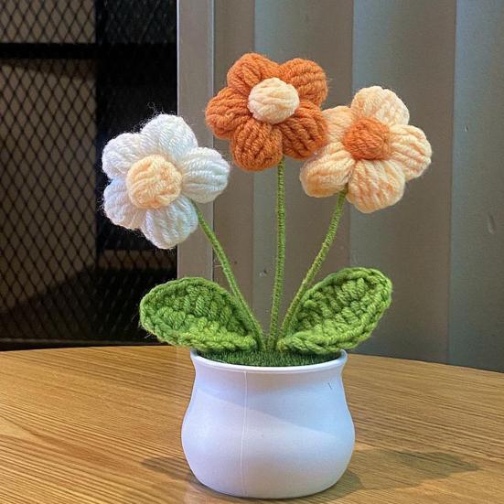 Вязаный вручную горшечный цветок крючком ручной работы Подсолнух Ландыш Тюльпан Горшечные искусственные цветы для домашнего офиса Украшение стола