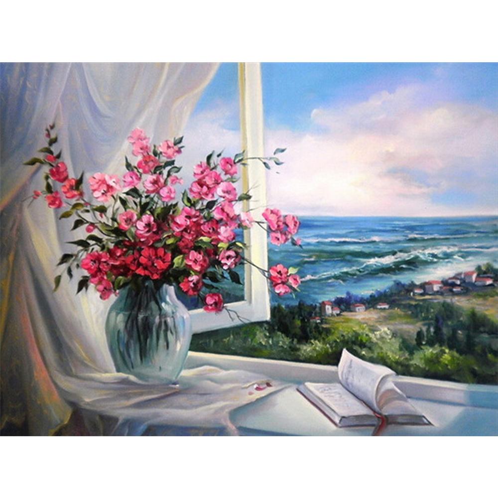 5D DIY Алмазная картина Цветочная мозаика Окно Полный дрель Алмазная вышивка Ремесленный комплект Изображение Горный хрусталь Домашний декор