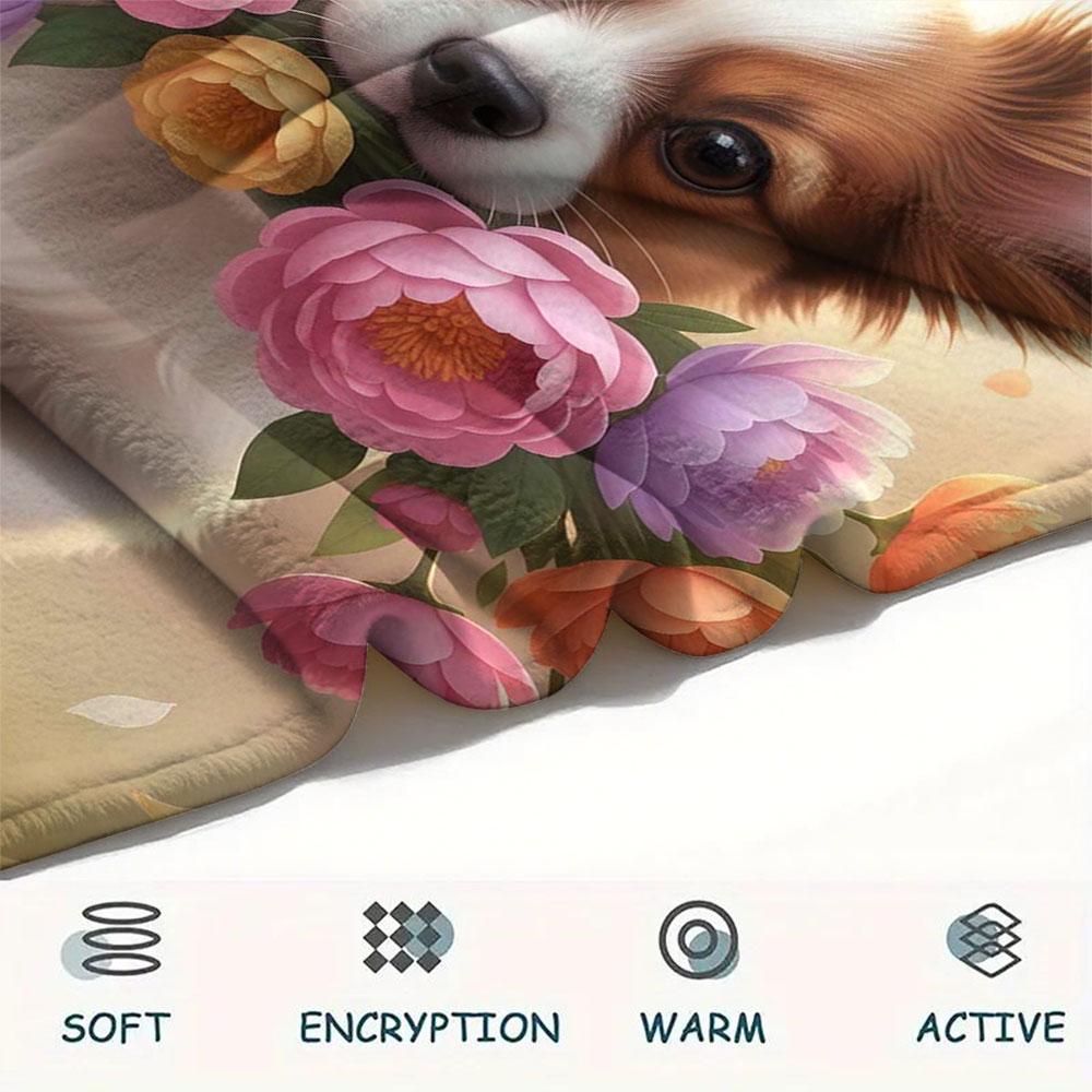 1Pc DogsandFlowers Print Flannel Blanket, High quality Comfortable for All Seasons, Home Decor, Warmth and Comfort, Perfect for Christmas Gifts