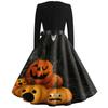 Women's Casual Halloween Printed V Neck Vintage Dress Long Sleeve Retro Fit and Flare Knee Length Dress with Belt and Halloween Pumpkin Design