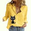 Women Fashion Buttoned Long Sleeve Shirt Ladies Casual Thin Cotton Linen Top Cat Print Long Sleeve Blouse