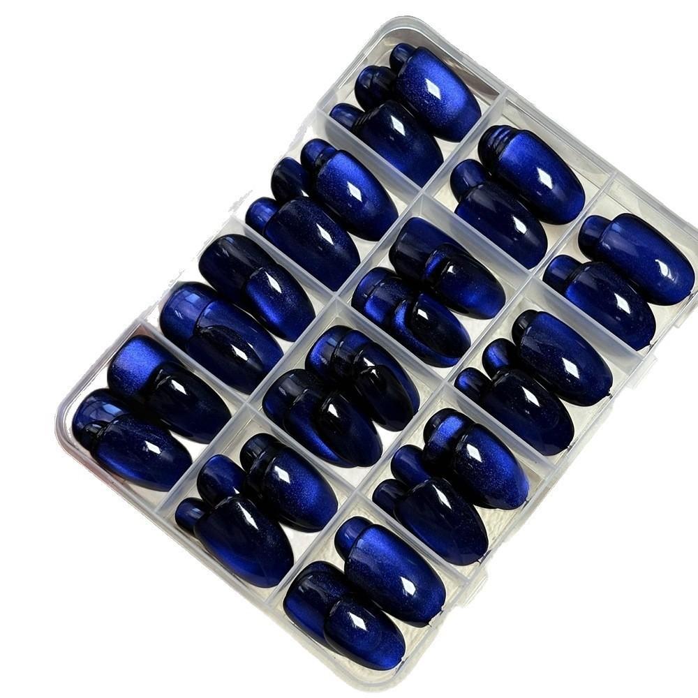 144Pcs Oval Cat Eye False Nails Glossy Dark Blue Full Cover False Nails Fashion Fake Nails Women