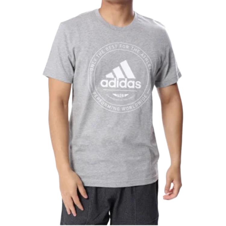 adidas Графическая эмблема, удобная и универсальная футболка с круглым вырезом и коротким рукавом, мужские топы, серые CV4518