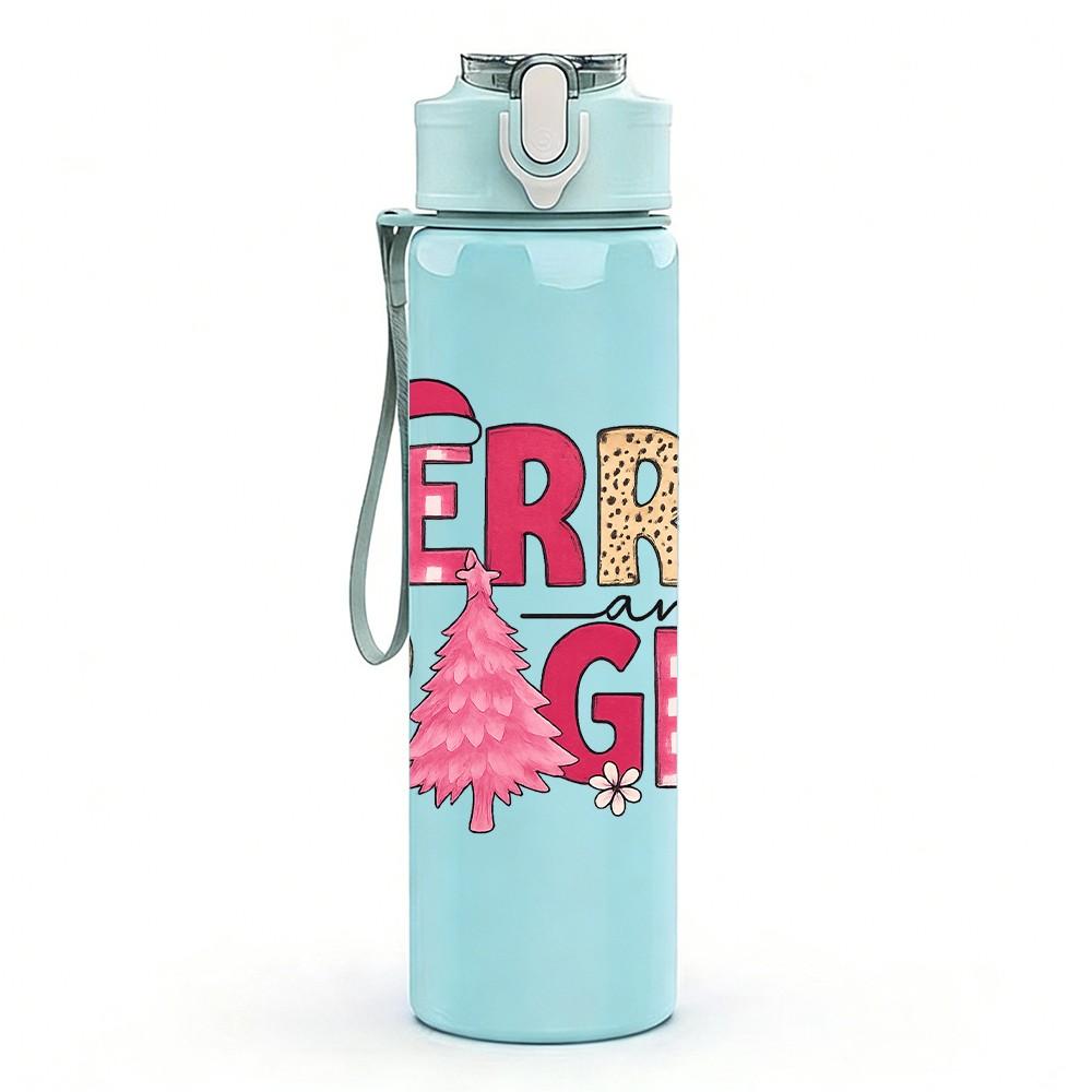 1PC Merry Bright Letter Art 750ml Color Plastic Sports Water Bottle Leakproof Flip Straw Lid Suitable for Sports Office Home Use