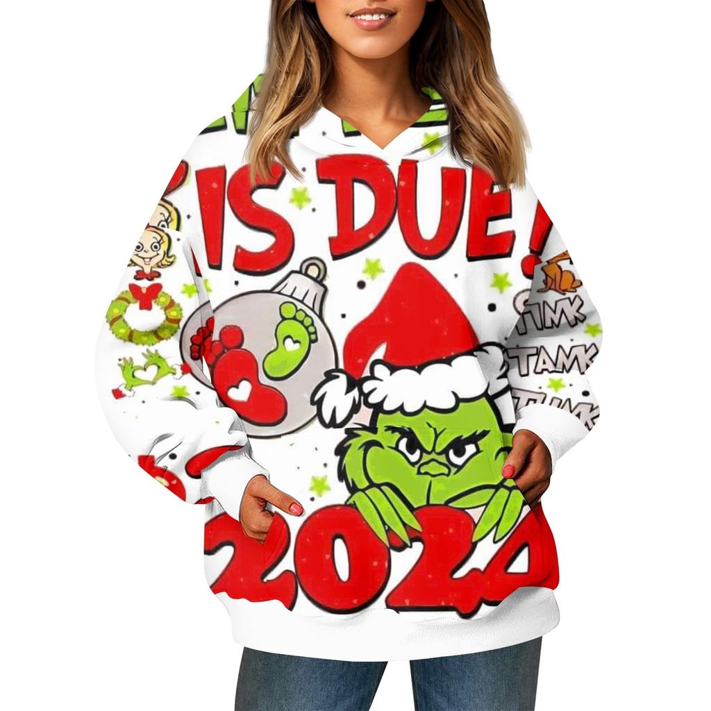 Женский модный свитер с длинными рукавами и рождественским принтом, с капюшоном и карманом