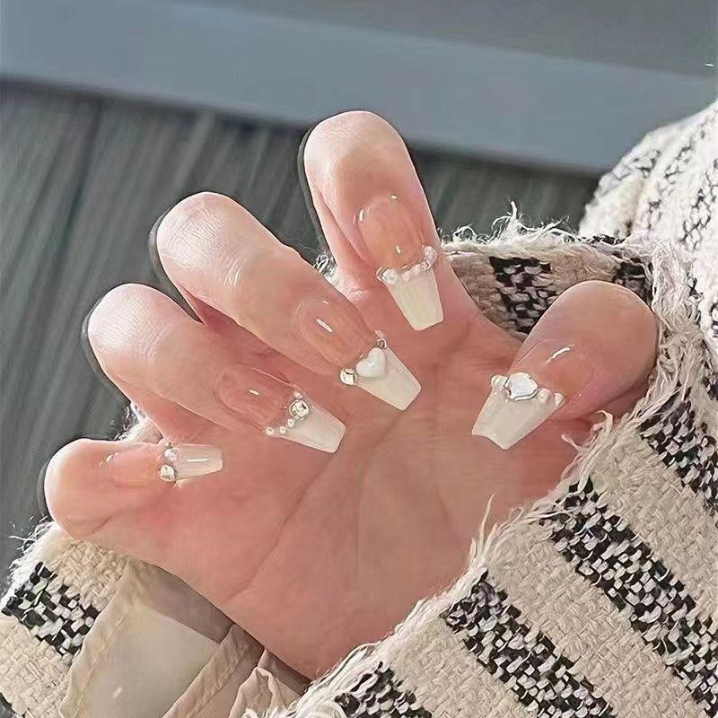 10pcs/set Handmade French Light Therapy Manicure Love Puff Wearable Removable False Nail Stickers