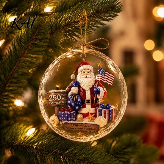 Retro Style Showcase Decoration 250 Anniversary USA Sea Glass Christmas Ornament, 1776-2026 Patriotic Faux Crystal Round Festive Pendant Clear