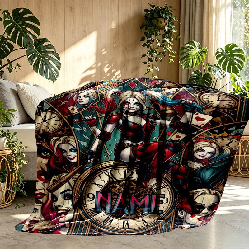 Custom Name Personalized Harley Quinn Print Blanket, Home Decor, Bedroom, Sofa, Camping, Couch, Gifts for Birthday Christmas