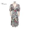 Женское летнее платье макси с V-образным вырезом, повседневные длинные платья в стиле бохо с цветочным принтом, короткие пышные рукава, струящиеся пляжные платья для гостей на свадьбу