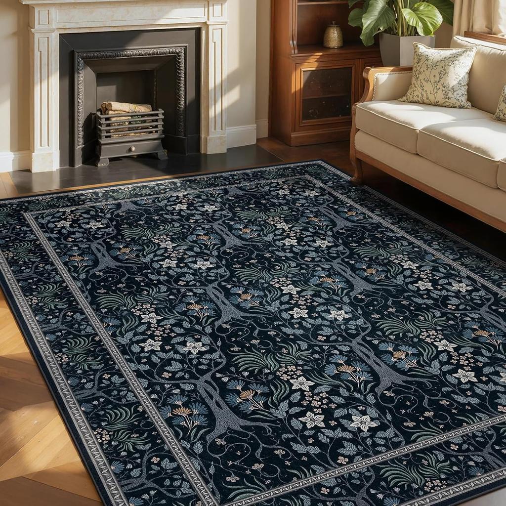 Retro Floral Living Room Carpet Non-slip Machine Washable Floor Mat Modern Light Luxury Sofa Coffee Table Rug Home Decoration