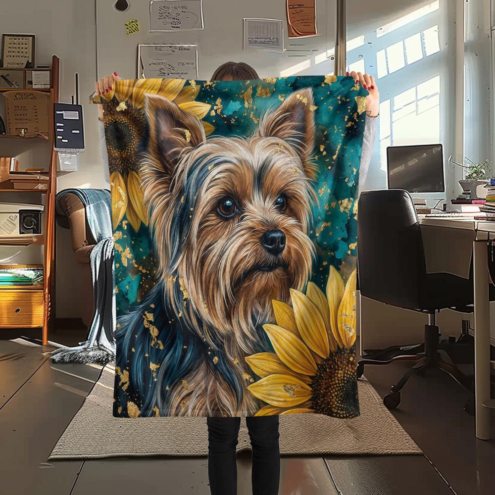 Sunflowers and puppies Print Flannel Blanket,High quality Comfortable for All Seasons,Home Decor,Warmth and Comfort,Perfect for Christmas Gifts