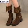 Леопардовые высокие каблуки женские высокие сапоги дизайнерская обувь 2025 тренд зимние брендовые замшевые массивные ботинки челси туфли-лодочки Mujer Western Botas