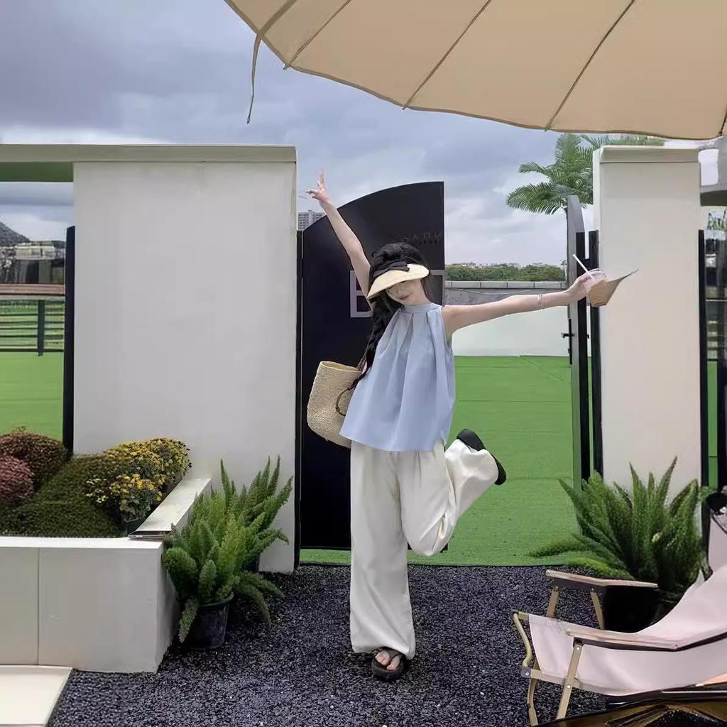 Шикарный французский синий плиссированный топ без рукавов для женщин - модный летний дизайн