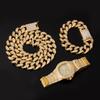 Hip Hop 20MM 3pcs Set Miami Cuban Chain Necklace +Bracelet +Watch Iced Out Paved Rhinestones CZ Rapper Necklaces For Men Jewelry