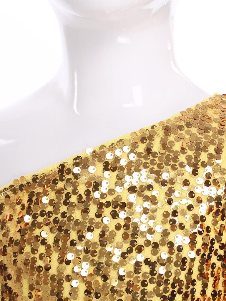 Платье для девочек с блестящими пайетками, на одно плечо, с длинным рукавом, длиной выше колена, праздничное платье на день рождения, для конкурса красоты, для свадьбы