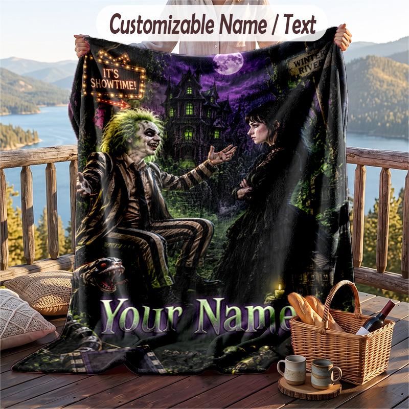Custom Text Flannel Throw Blanket, Lightweight Cozy Bed Sofa BlanketBeetlejuice Lydia Deetz