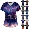 Женская мода 2024, новогодние топы с принтом и короткими рукавами и V-образным вырезом, рабочие футболки с карманами