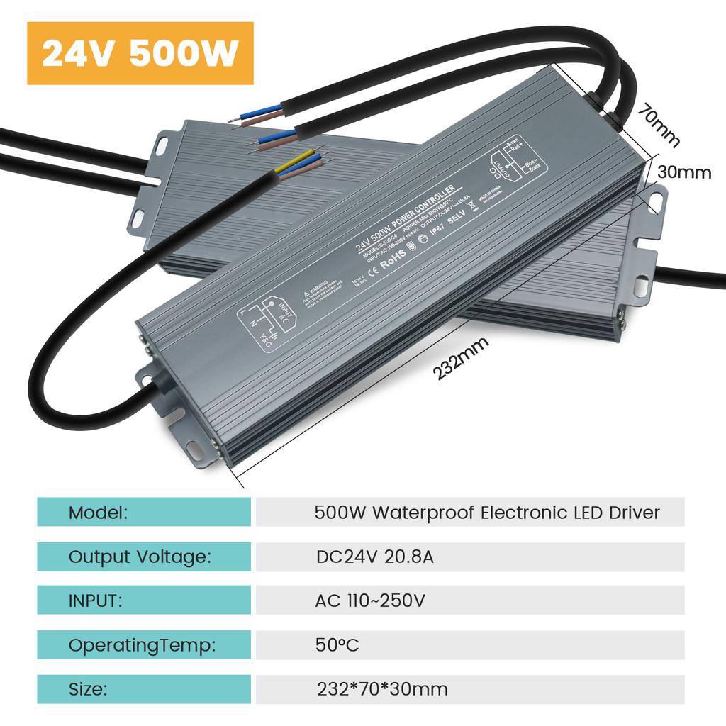 2/1Pcs Outdoor LED Power Supply AC110V-250V To DC12V 24V IP67 Waterproof LED Driver Lighting Transformer 36W 200W 300W 500W 600W