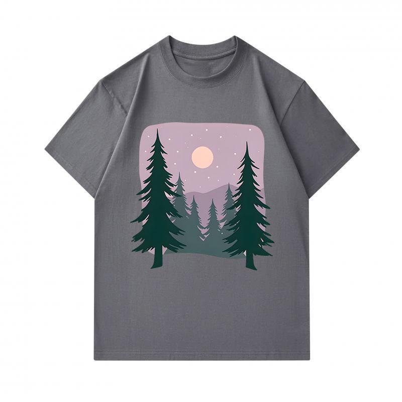 Men's 100% Cotton Crew Neck Short Sleeve T-Shirt, Cute Pine Forest Night Moon Star Scenery Print Casual Lightweight Summer Tees for Daily Wear