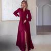 Женское приталенное французское длинное платье 2025 года, европейское и американское, с V-образным вырезом, завязками, разрезом и длинными рукавами
