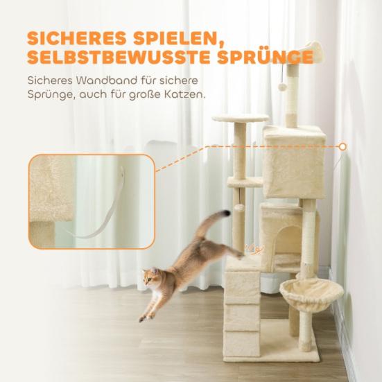 Cat Tree 160cm Cat Tower with Hammock, Ladder, Cave, 2 Plush Balls, Sisal Posts, 48 x 48 x 160cm,
