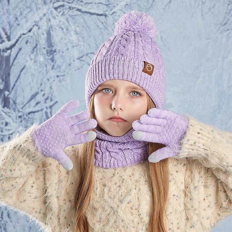 3pcs/set Winter Kids Beanie Hat Scarf Gloves Plush Warm Children Knitted Hats Set Neck Warmer Outdoor Child Ski Cap