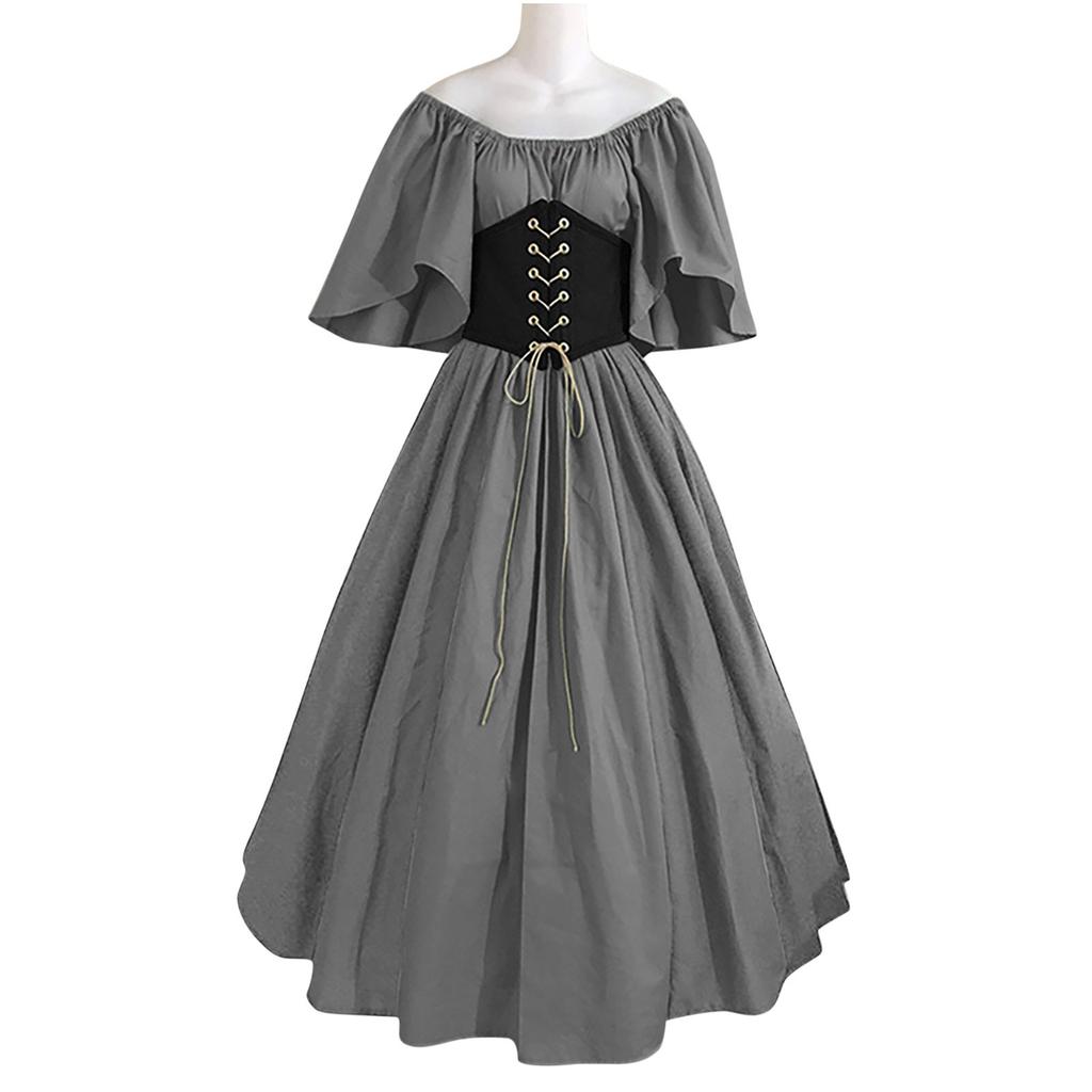 Women's Round Neck Dress Flare Sleeve Off Shoulder Medieval Vintage Dresses with Corset Patchwork Ball Gown