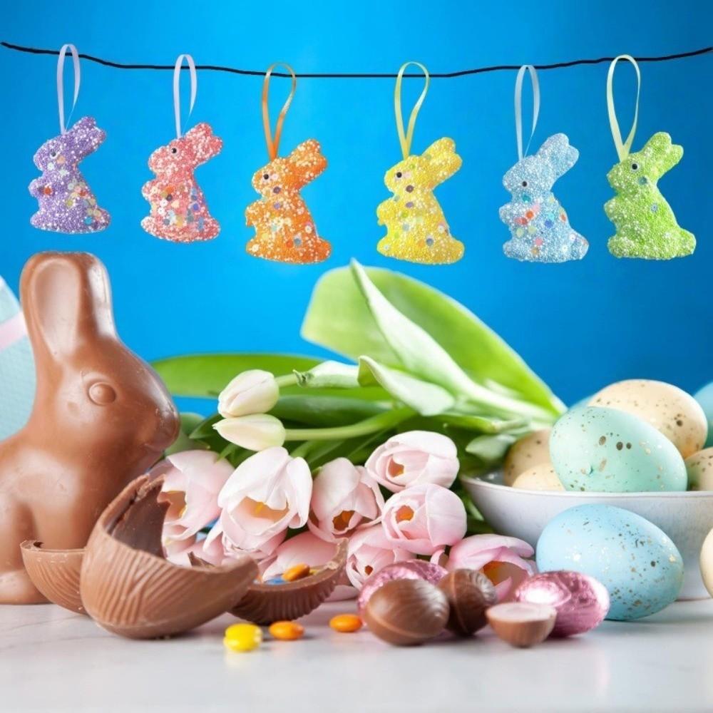 6Pcs Handmade Colorful Foam Easter Rabbit Animal Mold Painted Easter Tree Pendants Sparkle Hanging Easter Bunny Decor Kids Gift