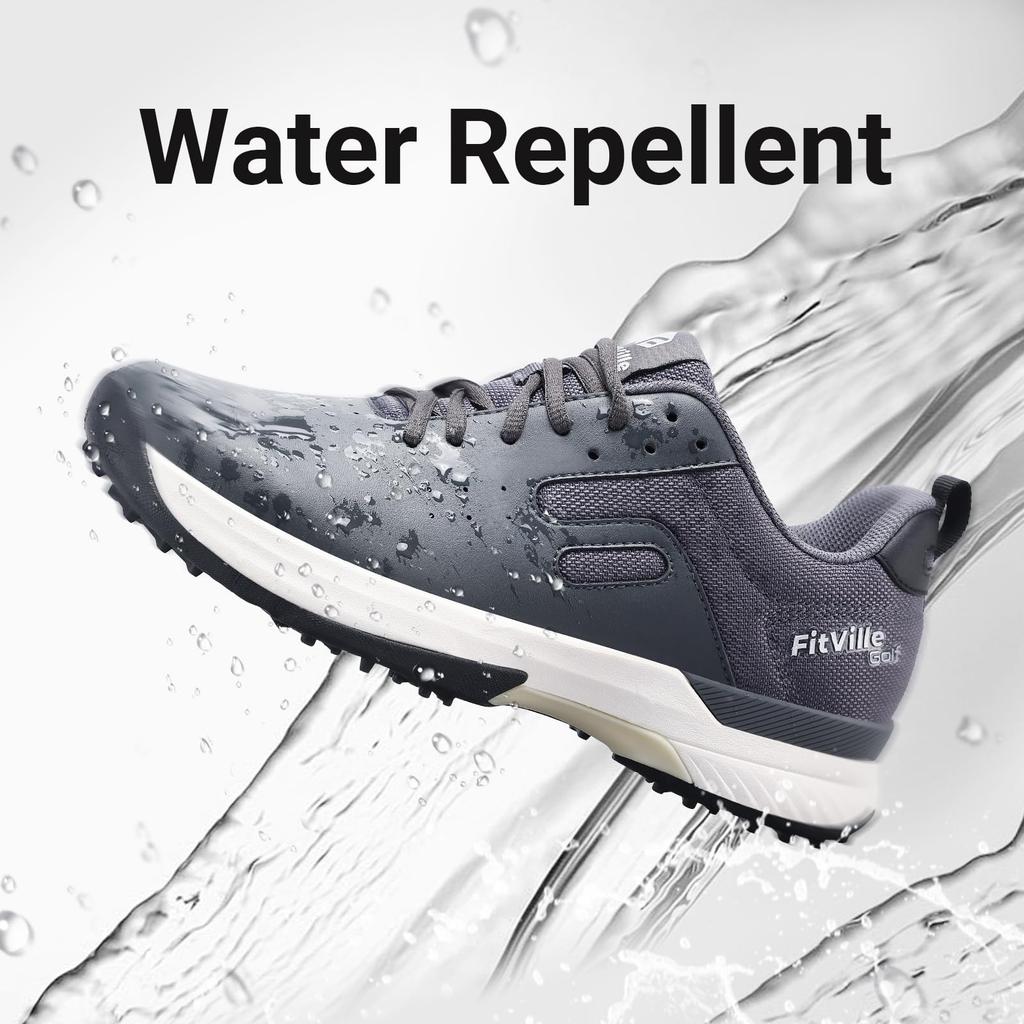 FitVille Men's Golf Shoes, Wide Spikes, Professional Golf Shoes, Men's Golf Training Sneakers, Business Exercise, Lightweight, Water-Repellent