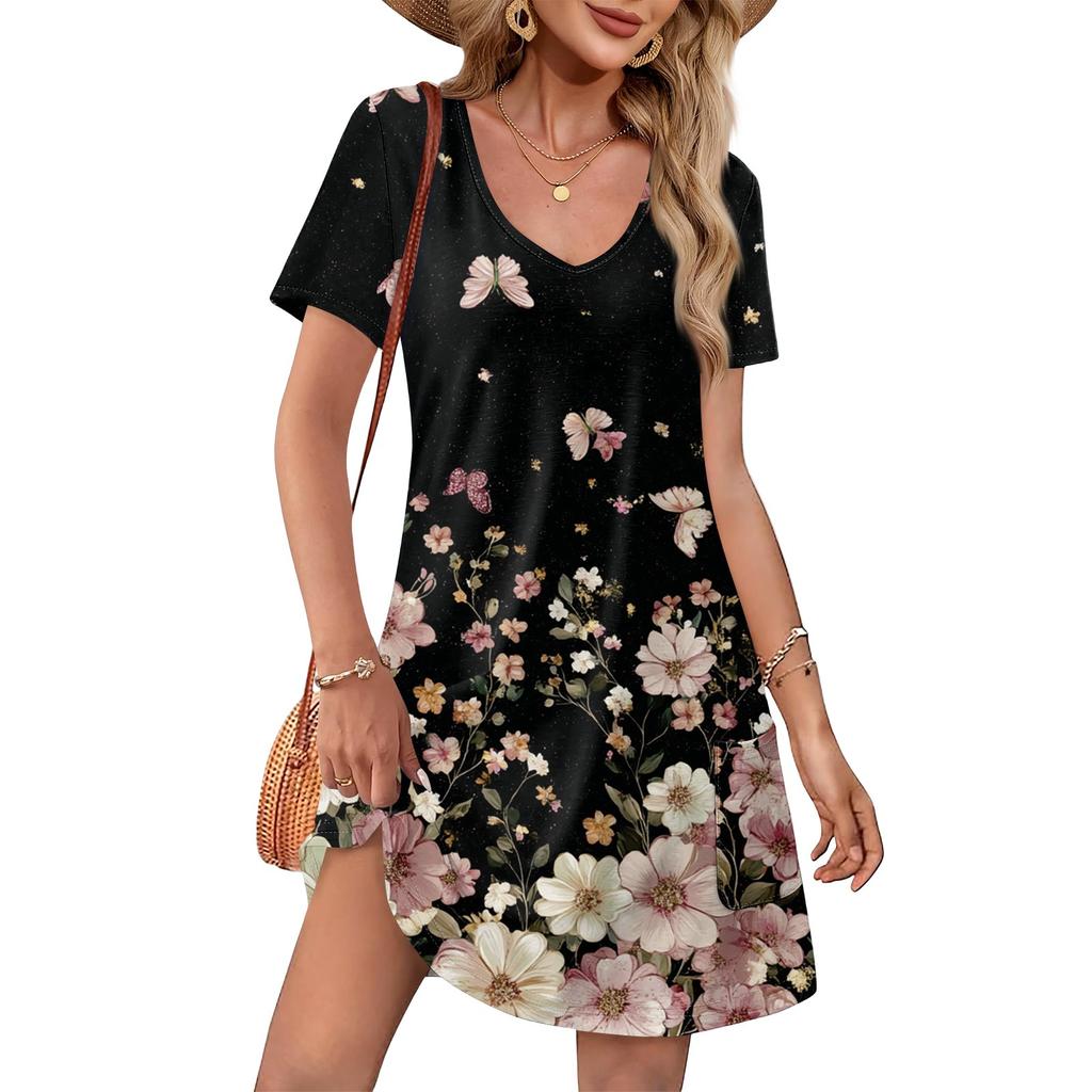 Women's Casual And Fashionable V-neck Short Sleeve Printing Mid Length Dress
