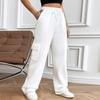 Women Cargo Pants Elastic Waist Adjustable Drawstring Straight Wide Leg Trousers Solid Color Sport Long Pants