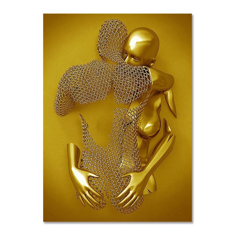 Металлическая фигурка, статуя, художественная картина на холсте, Золотая современная скульптура для влюбленных, постер и принт, настенные панно для гостиной, домашний декор
