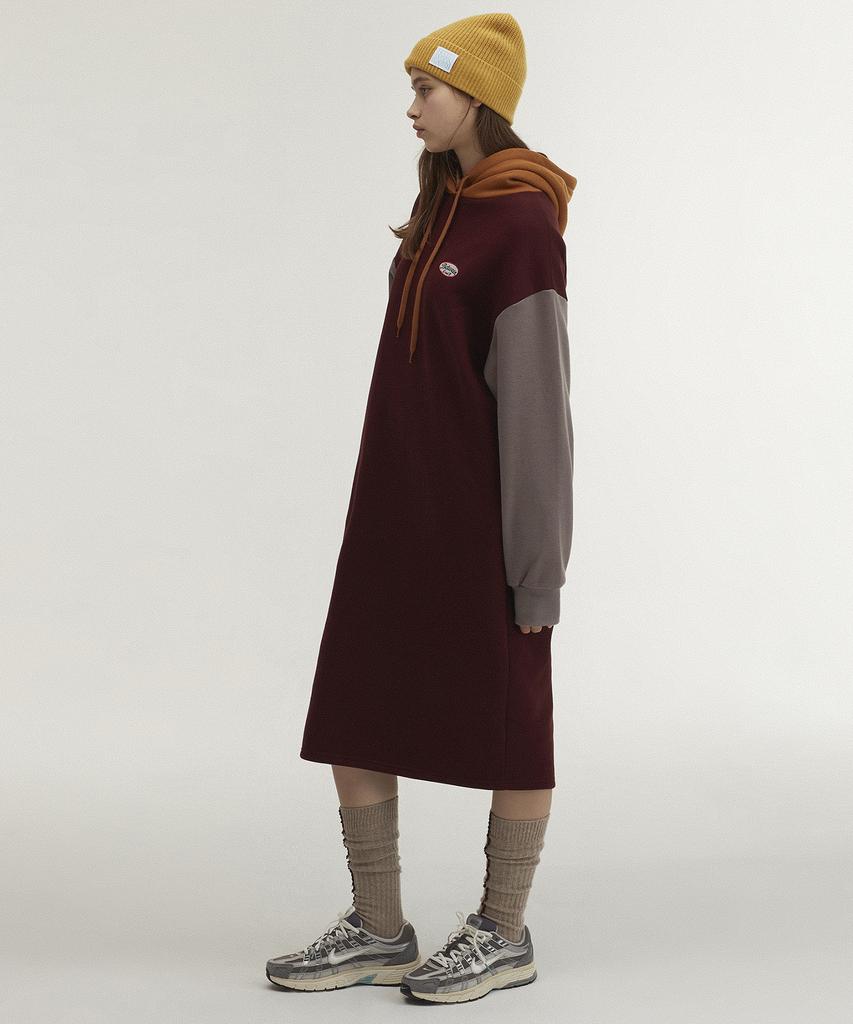 Between A And B Hooded Long Jersey Fleece-Lined Dress [Burgundy]