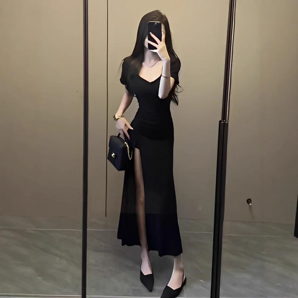 2025 Темпераментное французское приталенное летнее платье с разрезом - Женский сексуальный дизайн с коротким рукавом