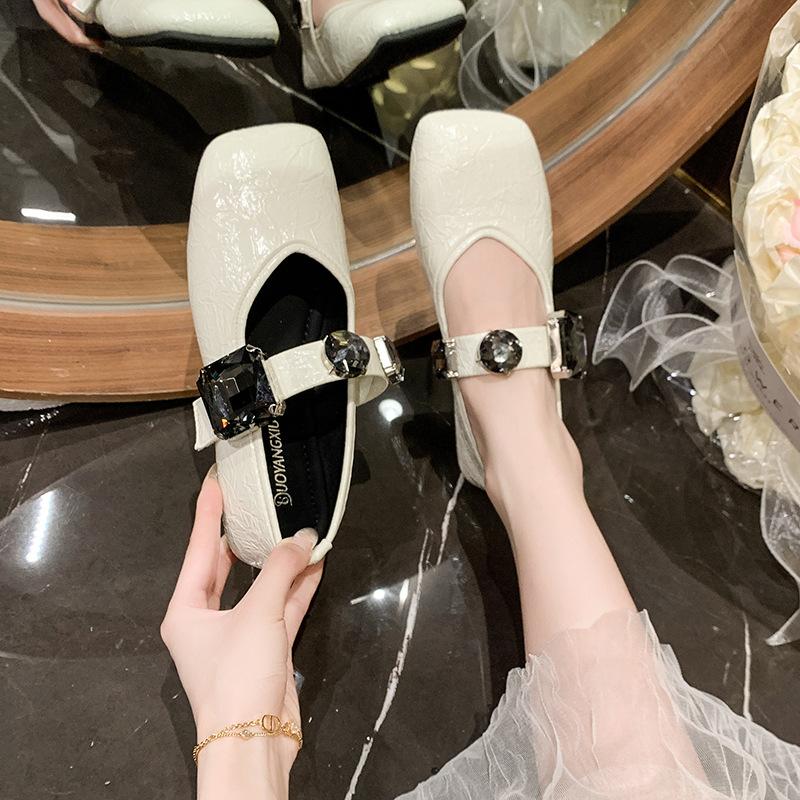 French Soft-soled Rhinestone Small Leather Shoes 2025 Summer New Wear Flat-soled Fairy Wind Shallow Mouth with Skirt Single Shoes Women