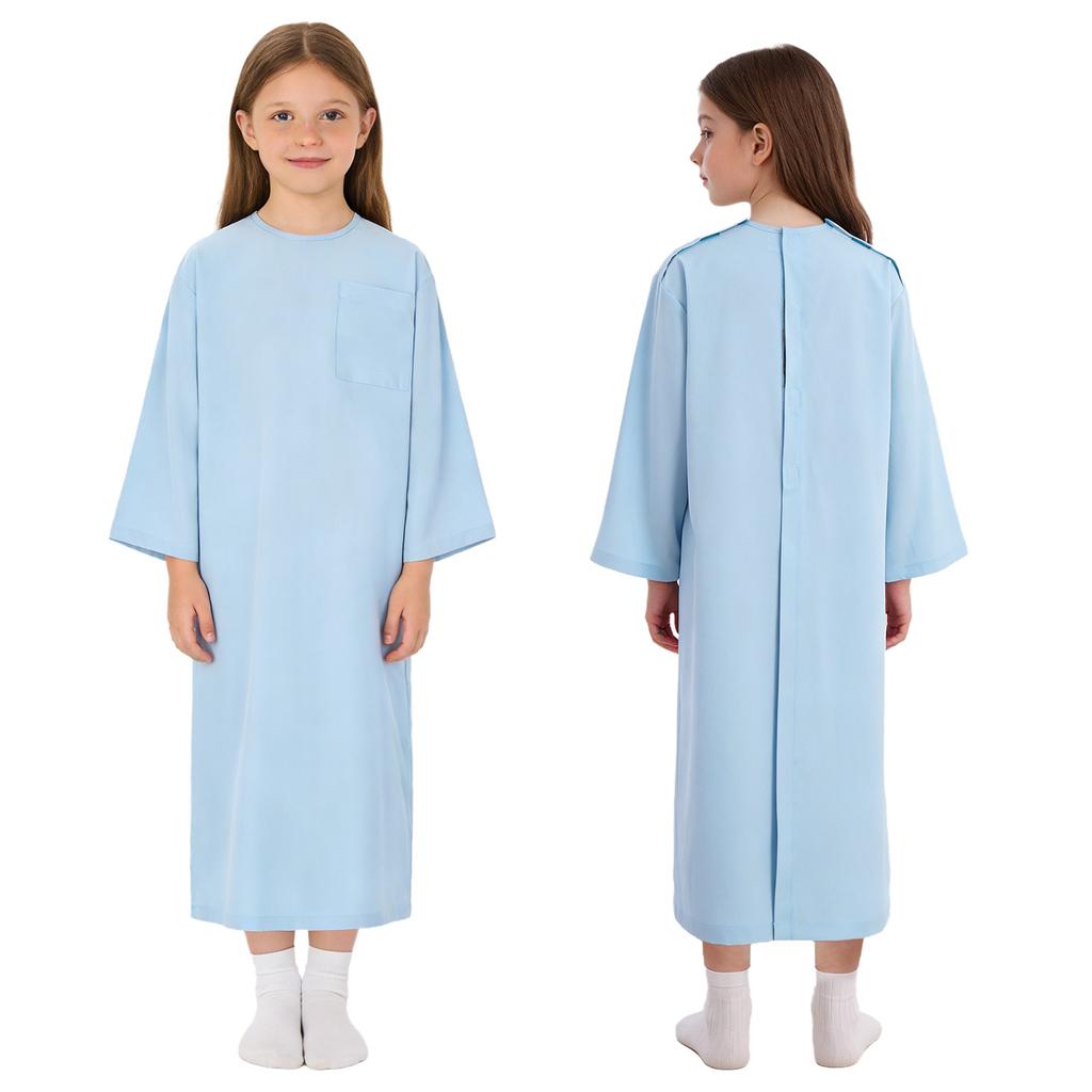 Kids Adaptive Nursing Gown Long Sleeve Back Split Hook-Loop Fastener with Pocket for Special Needs Patients