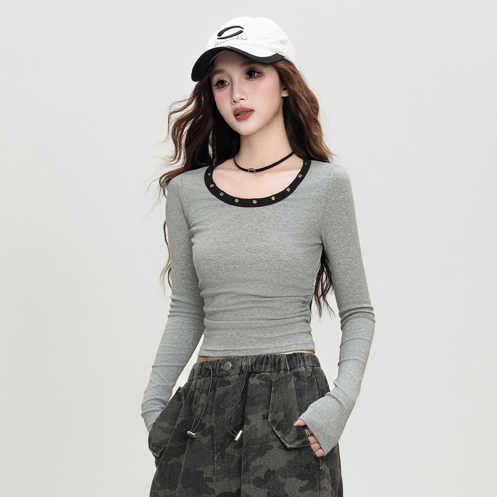 Women's European and American Style Long-Sleeved T-Shirt with Pleated Design