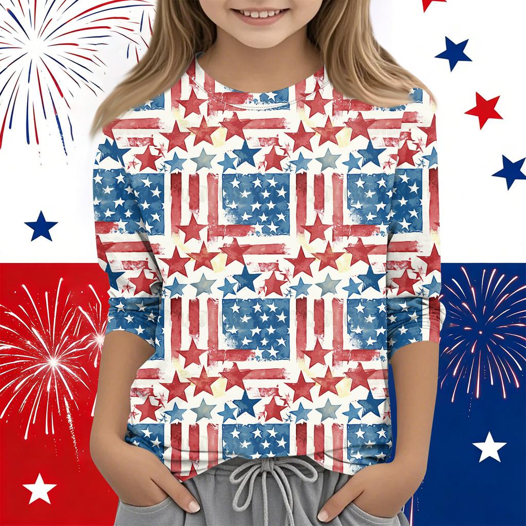 Print Tops For Youth Girls Round Neck 3/4 Sleeves T-Shirts Trendy Tops Outfit Tees Independence Day