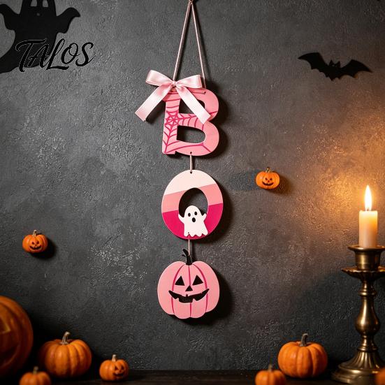 Девочковый декор стен на Хэллоуин, Розовый знак «BOO» из дерева, Милый привидение, Паутина, Подвесной, Для дома, Сезонный, Для двери, стены, Деревенское украшение, Праздничная вечеринка